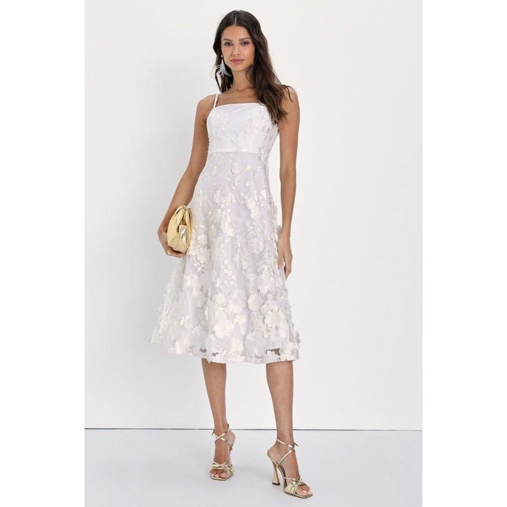 Lulus Glamour Garden White 3d Floral Embroidered Midi Dress - Size L